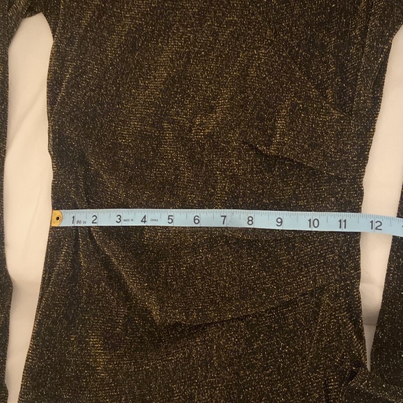 Faux Wrap Party Dress, Gold Shimmer on Black, Sheer Sleeves, Size Medium - Picture 9 of 9